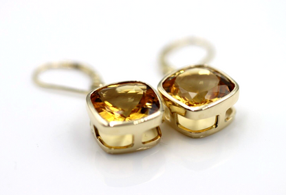 Genuine 9ct Yellow Gold 375 Diamond Cushion Cut Citrine Earrings