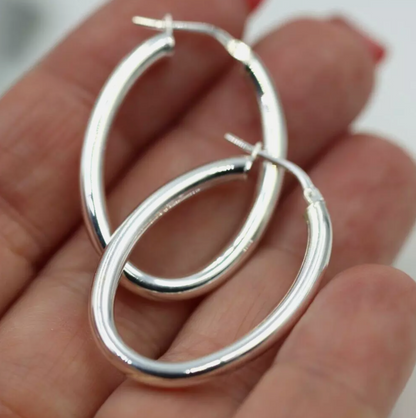 Genuine Sterling Silver 925 Oval Hoops Earrings Plain 33mm x 23mm