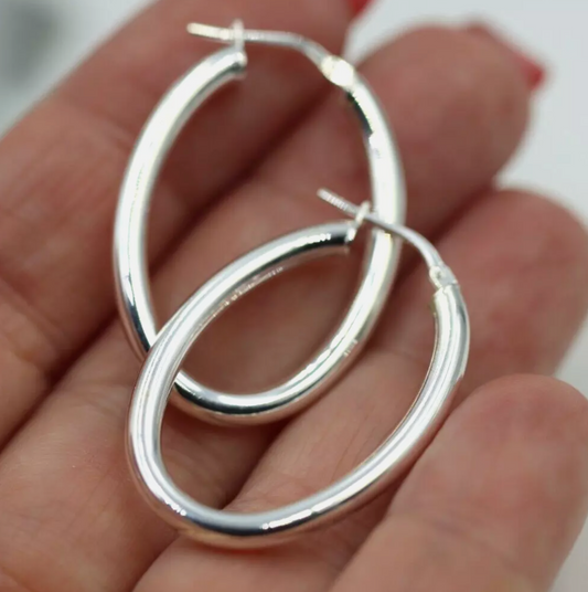 Genuine Sterling Silver 925 Oval Hoops Earrings Plain 33mm x 23mm