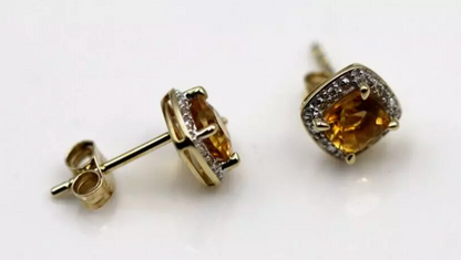 Genuine New 9ct Yellow Gold 9ct Gold diamond + Citrine Stud Earrings