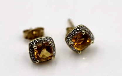 Genuine New 9ct Yellow Gold 9ct Gold diamond + Citrine Stud Earrings