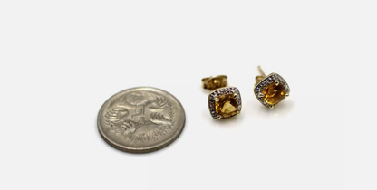 Genuine New 9ct Yellow Gold 9ct Gold diamond + Citrine Stud Earrings