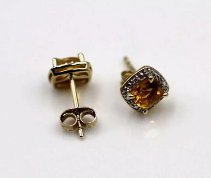 Genuine New 9ct Yellow Gold 9ct Gold diamond + Citrine Stud Earrings