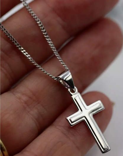 Genuine Small New 9ct 9K White Gold Plain Cross Pendant + Necklace Chain 50cm