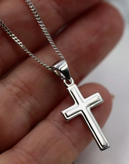 Genuine Small New 9ct 9K White Gold Plain Cross Pendant + Necklace Chain 50cm