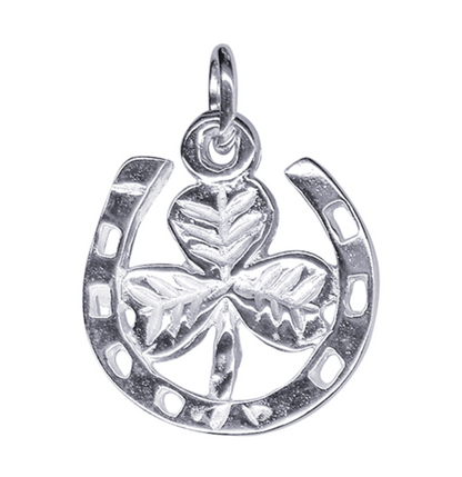 Genuine Sterling Silver 925 Lucky Leaf Clover inside Horseshoe Pendant