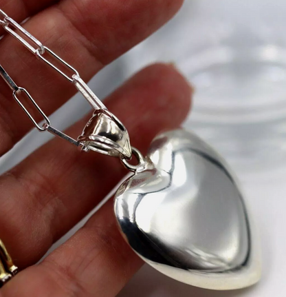 Sterling Silver 925 Paperclip Necklace + Large Puffy Heart Pendant