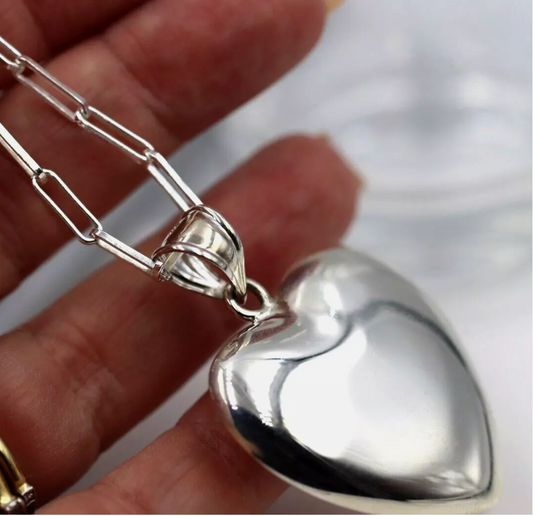 Sterling Silver 925 Paperclip Necklace + Large Puffy Heart Pendant