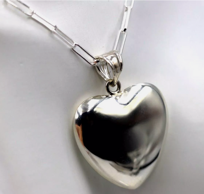 Sterling Silver 925 Paperclip Necklace + Large Puffy Heart Pendant