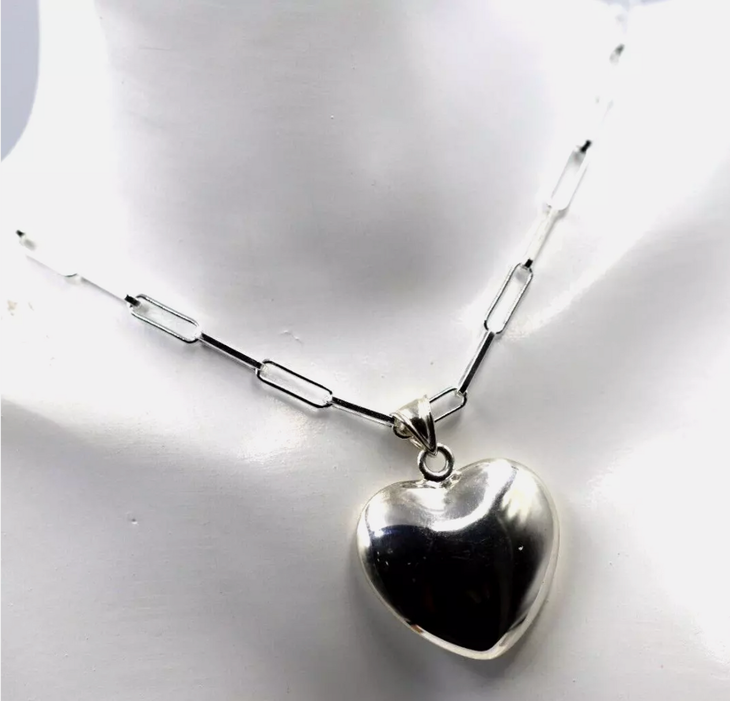 Sterling Silver 925 Paperclip Necklace + Medium Puffy Heart Pendant