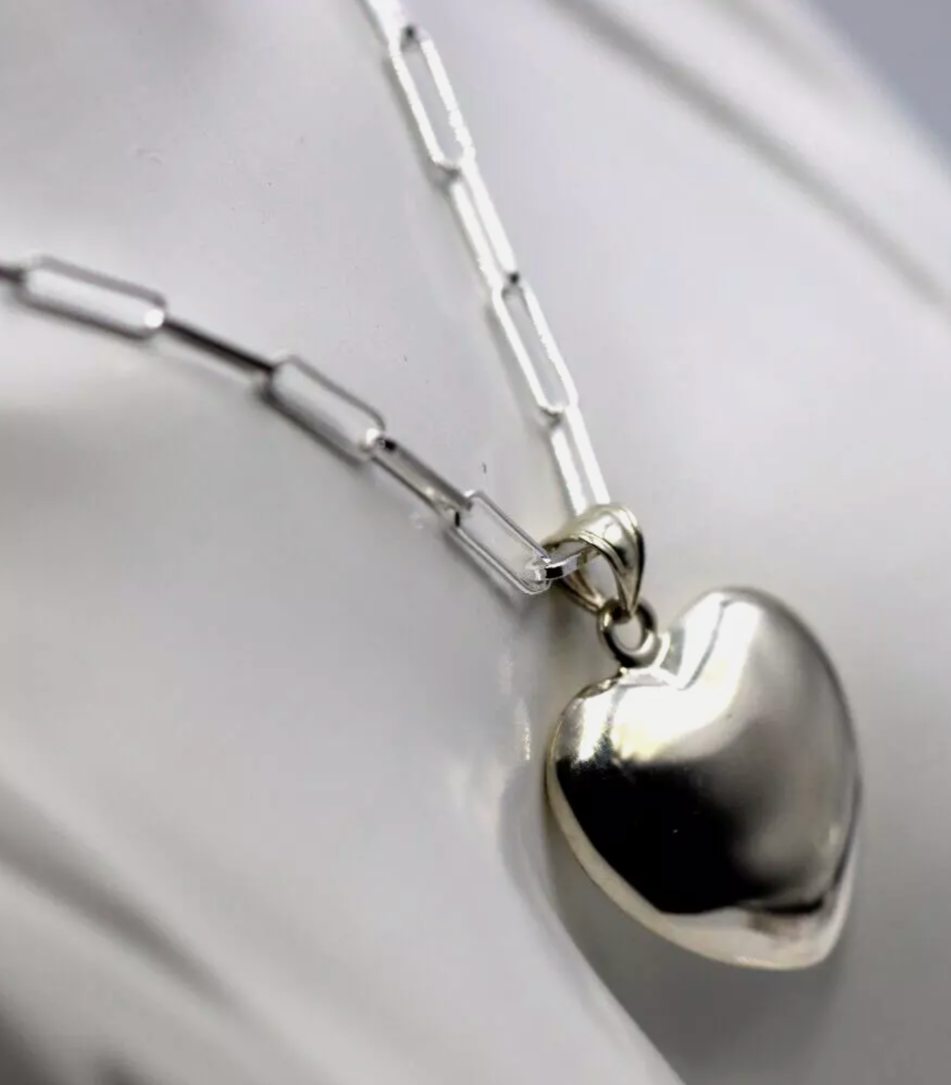 Sterling Silver 925 Paperclip Necklace + Medium Puffy Heart Pendant