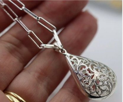 Sterling Silver 925 Paperclip Necklace + Filigree Teardrop Pendant