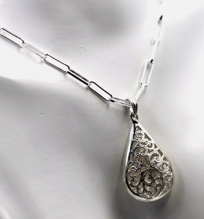 Sterling Silver 925 Paperclip Necklace + Filigree Teardrop Pendant