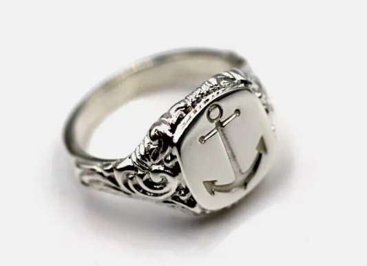 Genuine Sterling Silver 925 Square Engraved Signet Ring + Engraved Anchor - Choose your size