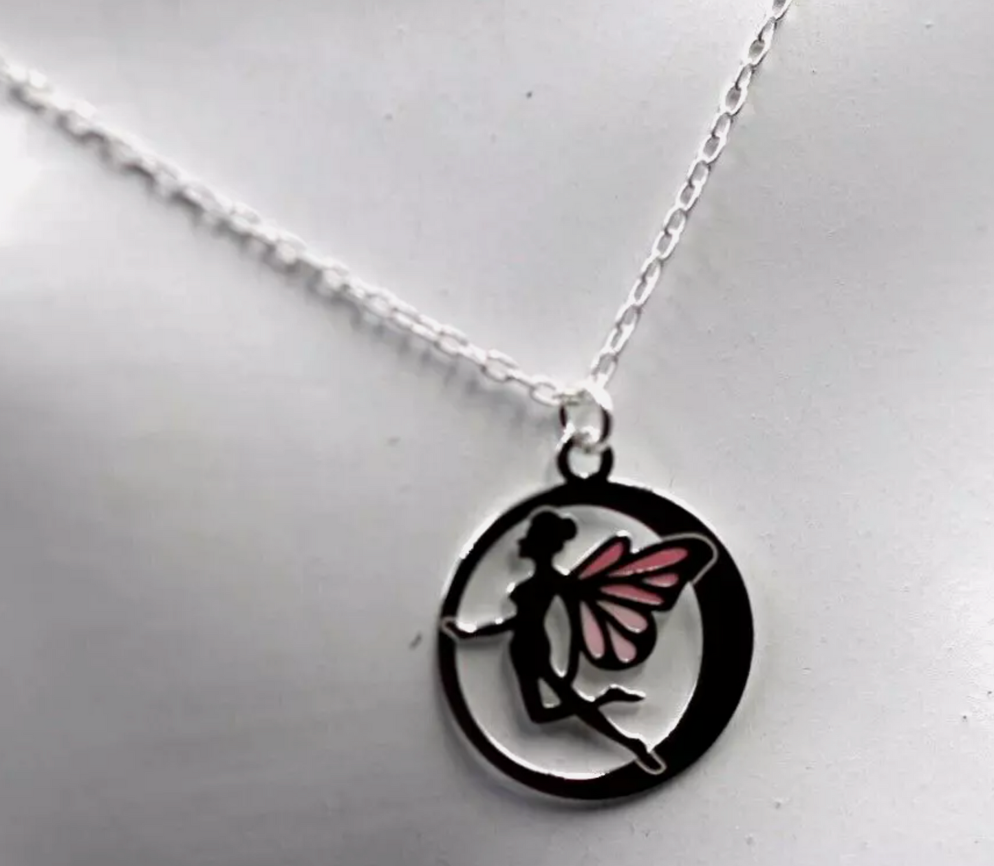 Sterling Silver 925 Fairy Pendant with Pink Enamel Wings Necklace