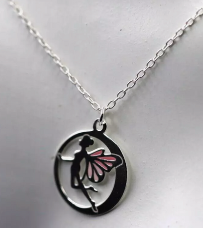 Sterling Silver 925 Fairy Pendant with Pink Enamel Wings Necklace