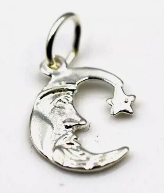 Genuine 925 Sterling Silver Crescent Half Moon, Sun + Star Pendant