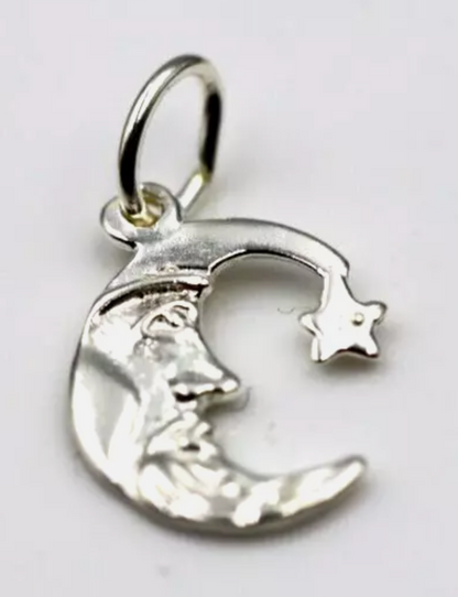 Genuine 925 Sterling Silver Crescent Half Moon, Sun + Star Pendant