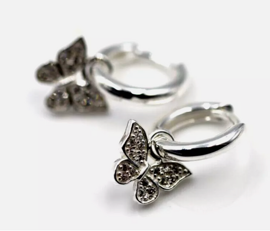 Sterling Silver 925 Hoop Huggies Small Earrings Butterfly Charms