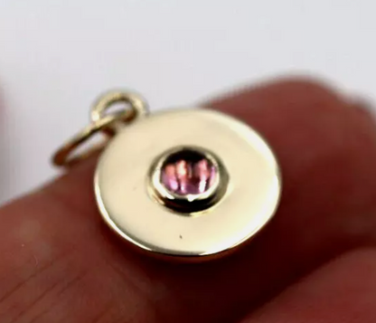 Genuine 9ct 9K  375 Yellow Gold 12mm Cabochon Pink Tourmaline Disc Pendant Charm