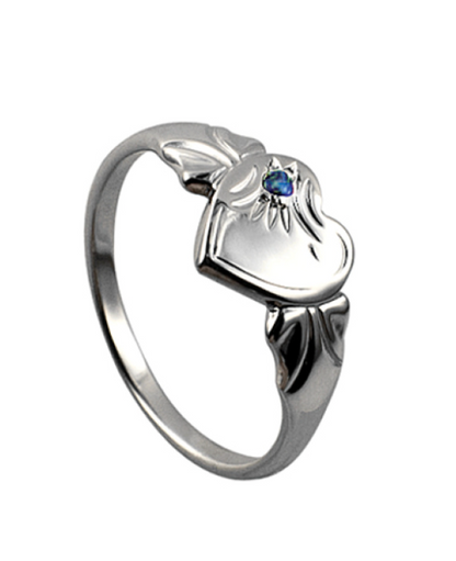 Sterling Silver 925 September Birthstone Heart Signet Ring +  Blue Spinel/Sapphire CZ