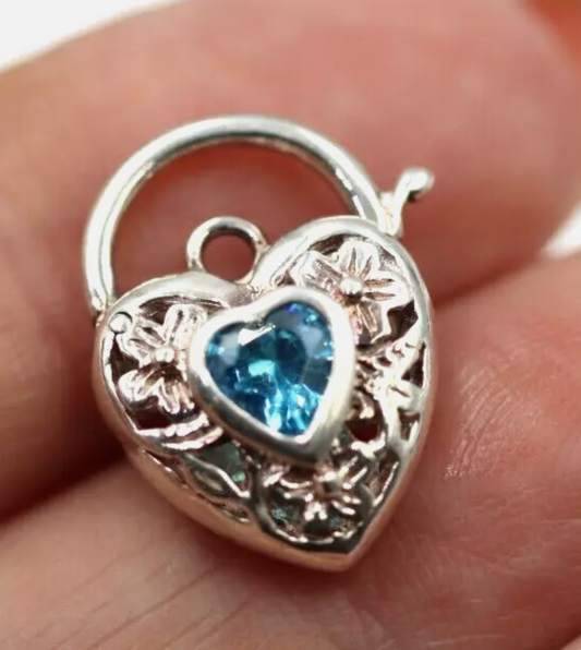 Sterling Silver 925 Filigree Topaz CZ Filigree Heart Padlock 13mm