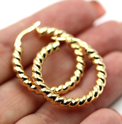 Genuine 9ct 375 Yellow Gold Large Ridged Twisted Hollow Hoop Earrings