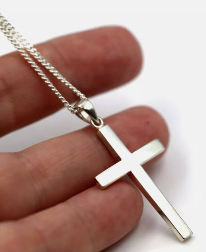 Sterling Silver 925 Plain Cross Pendant & 50cm Kerb Chain Necklace L50