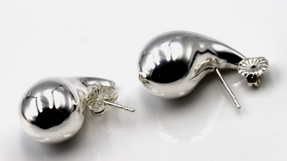 Genuine Large Sterling Silver 925 Bubble Teardrop Tear Drop Droplet Stud Earrings