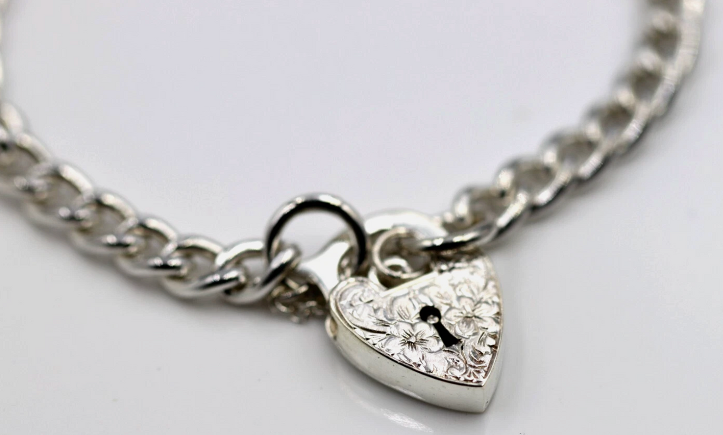 Genuine 925 Sterling Silver Curb Link Heart Padlock Bracelet