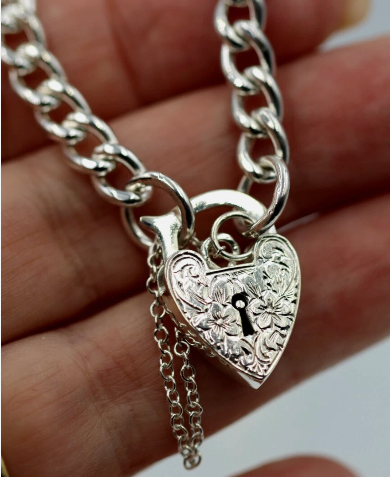 Genuine 925 Sterling Silver Curb Link Heart Padlock Bracelet