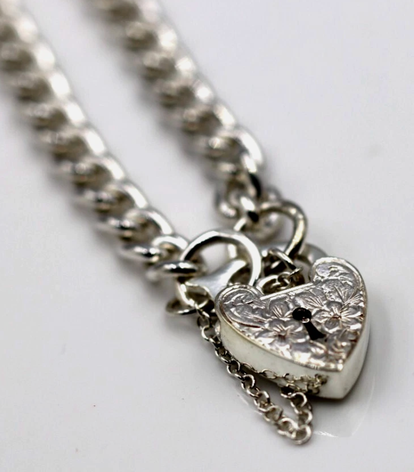 Genuine 925 Sterling Silver Curb Link Heart Padlock Bracelet