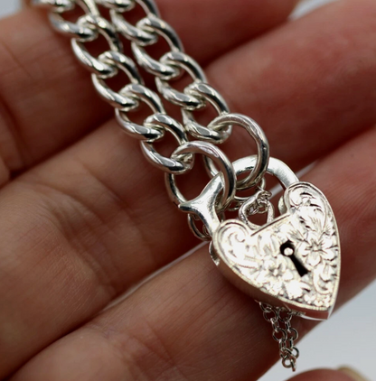 Genuine 925 Sterling Silver Curb Link Heart Padlock Bracelet