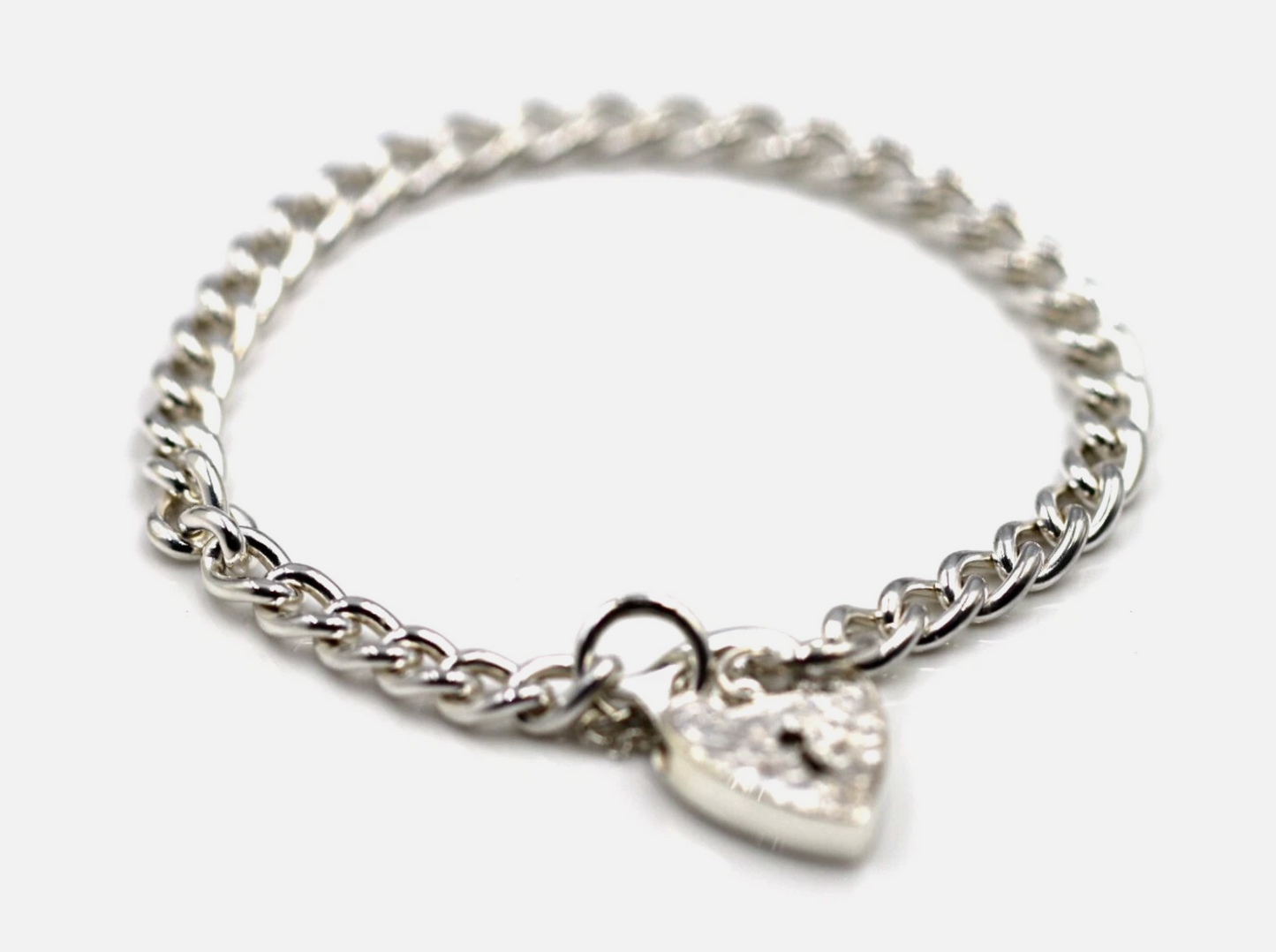 Genuine 925 Sterling Silver Curb Link Heart Padlock Bracelet