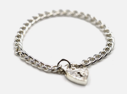 Genuine 925 Sterling Silver Curb Link Heart Padlock Bracelet