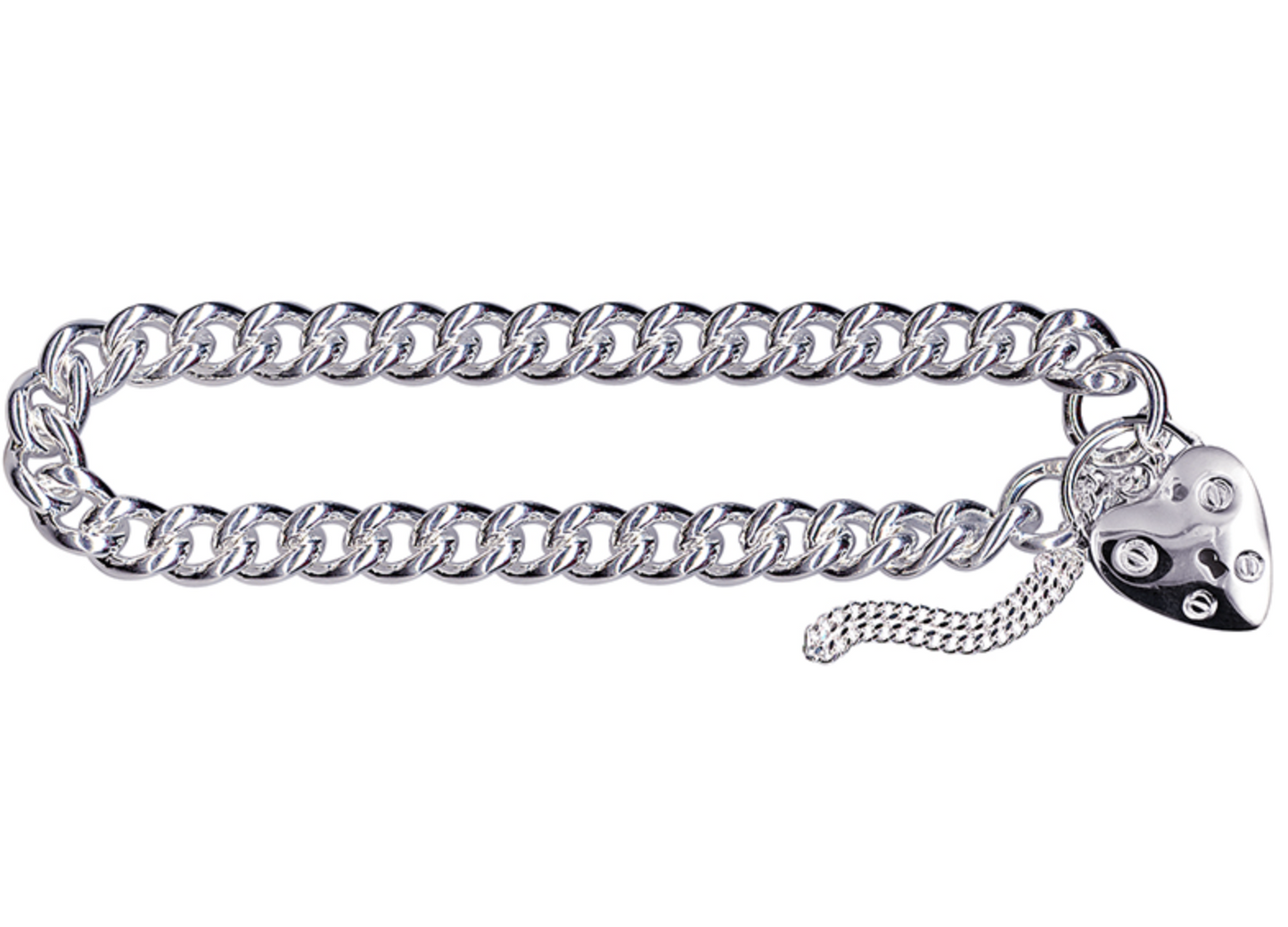 Sterling Silver 925 Round Curb Heart Screw Padlock Bracelet 19cm or 21cm 7mm wide