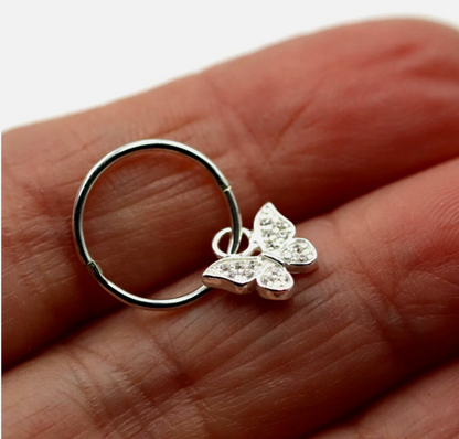 Sterling Silver 925 Sleepers Hinged Hoops Earrings + Butterfly Charms