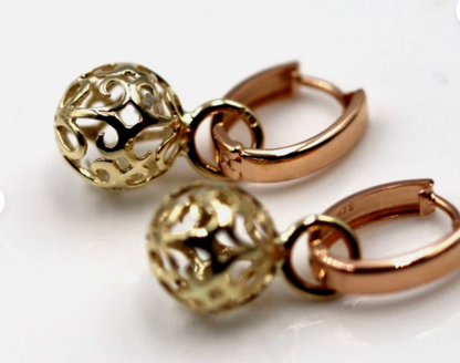 Genuine 9ct 9k 375 Rose + Yellow Gold Hoop 10mm Filigree Ball Huggies Earrings