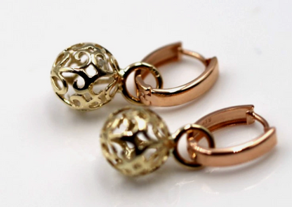 Genuine 9ct 9k 375 Rose + Yellow Gold Hoop 10mm Filigree Ball Huggies Earrings