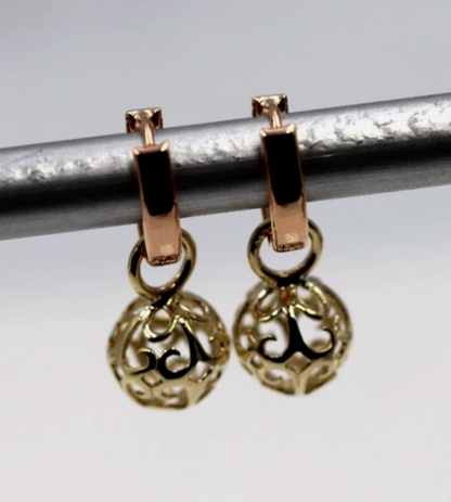 Genuine 9ct 9k 375 Rose + Yellow Gold Hoop 10mm Filigree Ball Huggies Earrings
