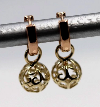 Genuine 9ct 9k 375 Rose + Yellow Gold Hoop 10mm Filigree Ball Huggies Earrings