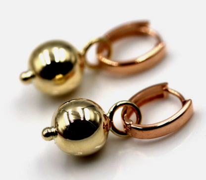 Genuine 9ct Rose + Yellow Gold Hoop 10mm Filigree Ball Huggies Earrings