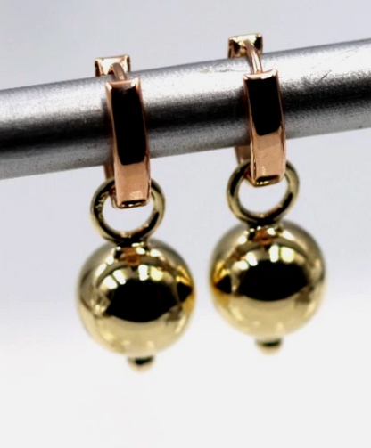 Genuine 9ct Rose + Yellow Gold Hoop 10mm Filigree Ball Huggies Earrings