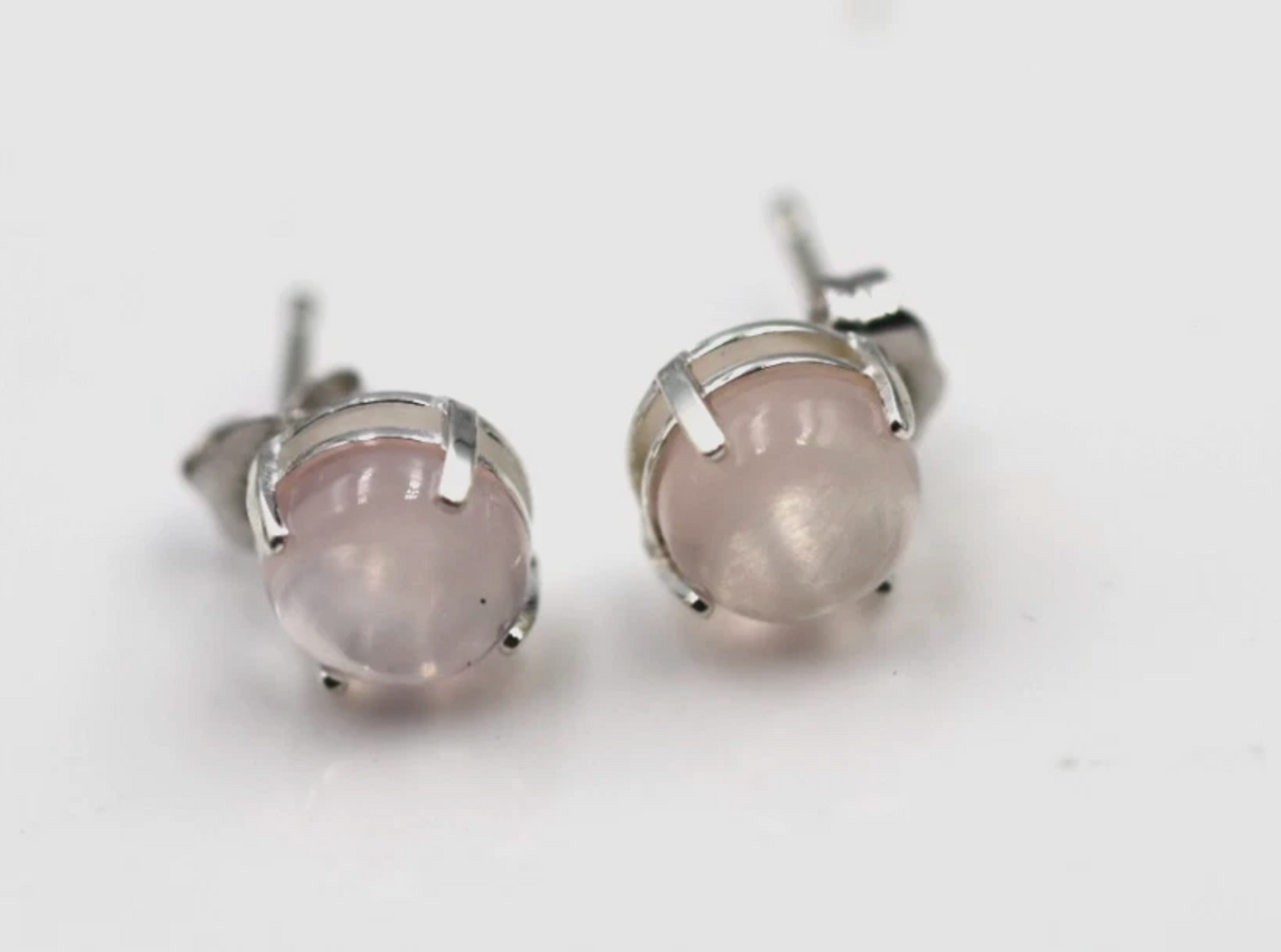 Sterling Silver 925 7mm Pink Cabochon Rose Quartz Studs Earrings