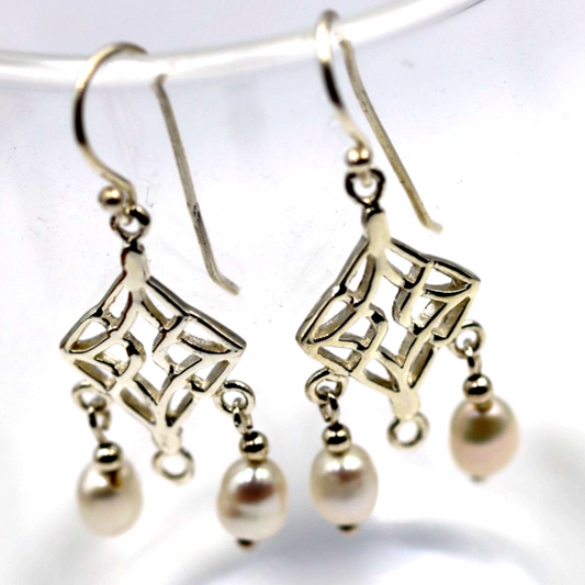 Sterling Silver 925 Freshwater Oval Pearl Chandelier Hooks Earrings