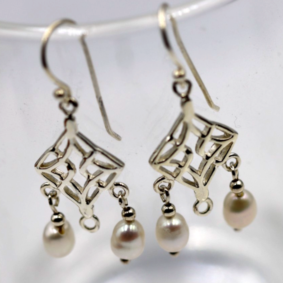Sterling Silver 925 Freshwater Oval Pearl Chandelier Hooks Earrings