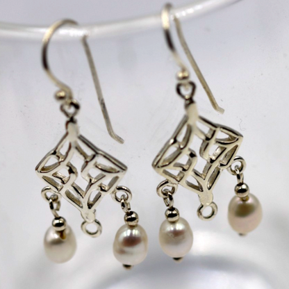 Sterling Silver 925 Freshwater Oval Pearl Chandelier Hooks Earrings