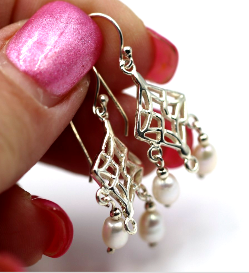 Sterling Silver 925 Freshwater Oval Pearl Chandelier Hooks Earrings