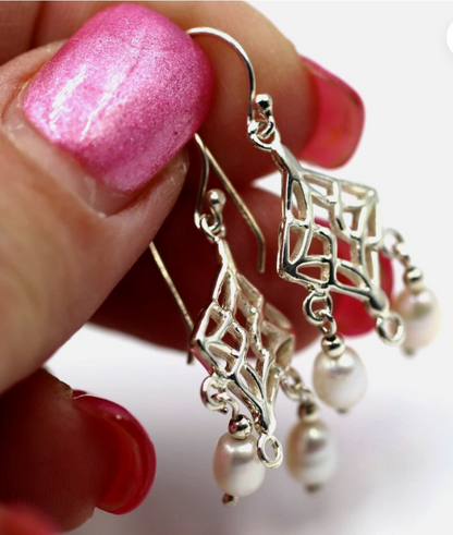 Sterling Silver 925 Freshwater Oval Pearl Chandelier Hooks Earrings