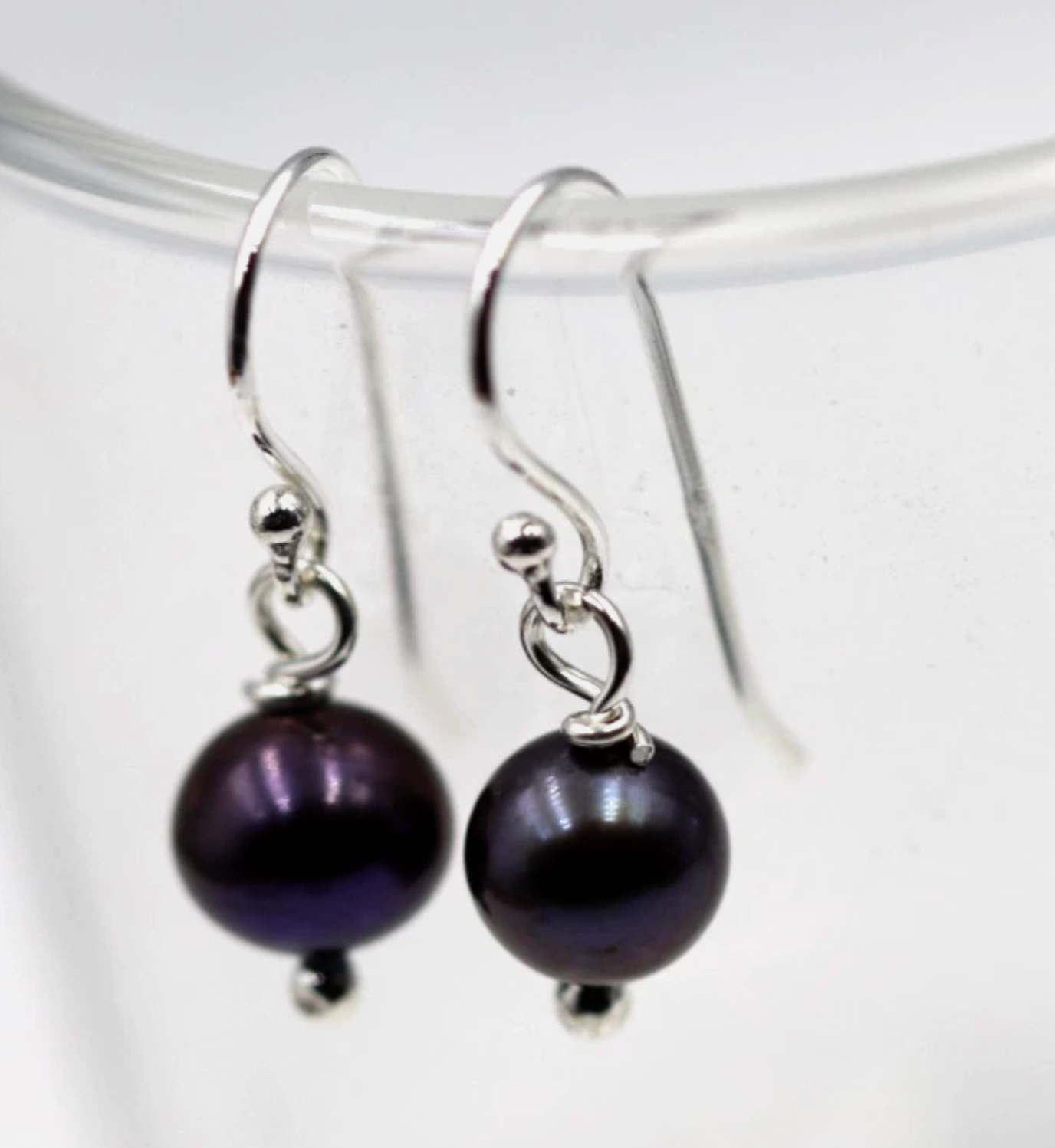 Sterling Silver 925 Freshwater 7mm Round Black Pearl Hooks Earrings